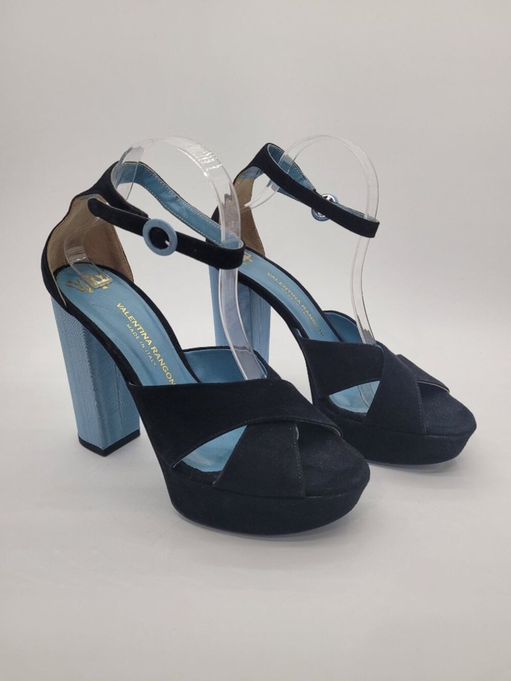 NWOB Valentina Rangoni Miglio Block Platform Heels Black Velvet Blue Satin 9.5
